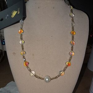 Gold Beaded Necklace with Orange Iridescent Crystals and Pearl Accent